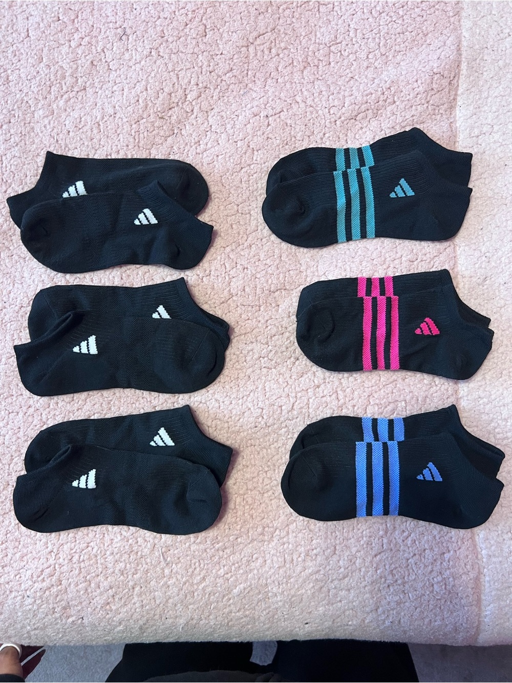 adidas Black Low-Cut Athletic Socks with Teal, Pink & Blue Stripes - 6 Pairs